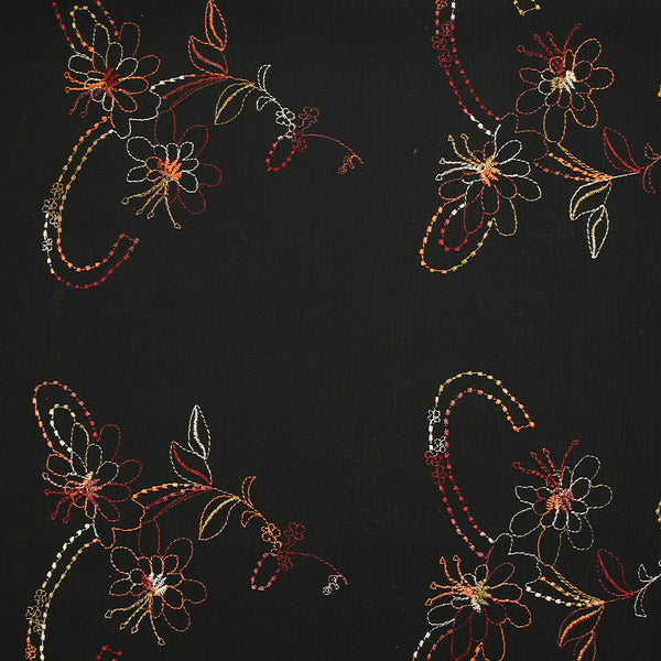 Mousseline crinkle fleurs brodées fond noir