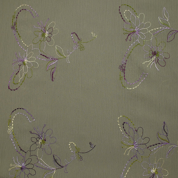 Mousseline crinkle fleurs brodées fond sauge