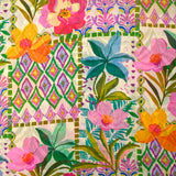 Mousseline crinkle imprimée jardin en fleurs orange et violet fond écru