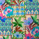 Mousseline crinkle imprimée jardin en fleurs turquoise et ciel fond écru