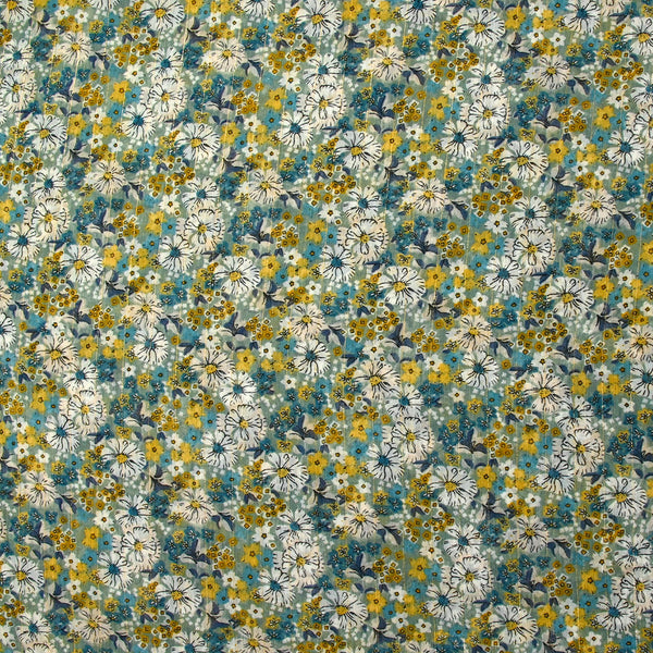 Mousseline crinkle imprimée lurex prairie fleurie canard fond sauge