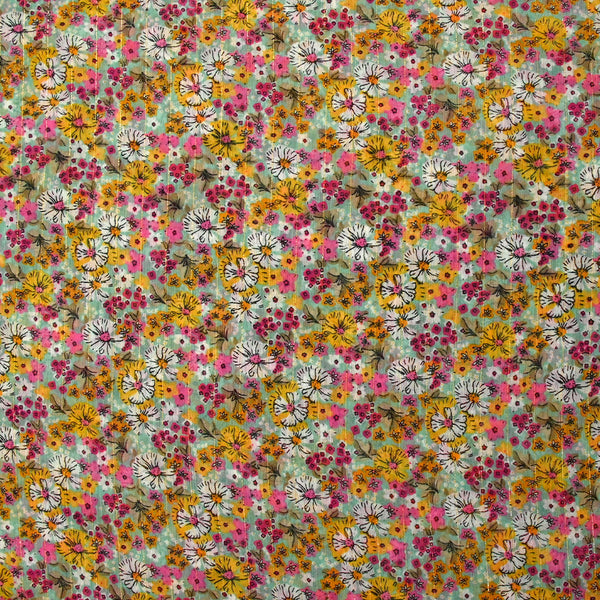 Mousseline crinkle imprimée lurex prairie fleurie rose fond vert d'eau