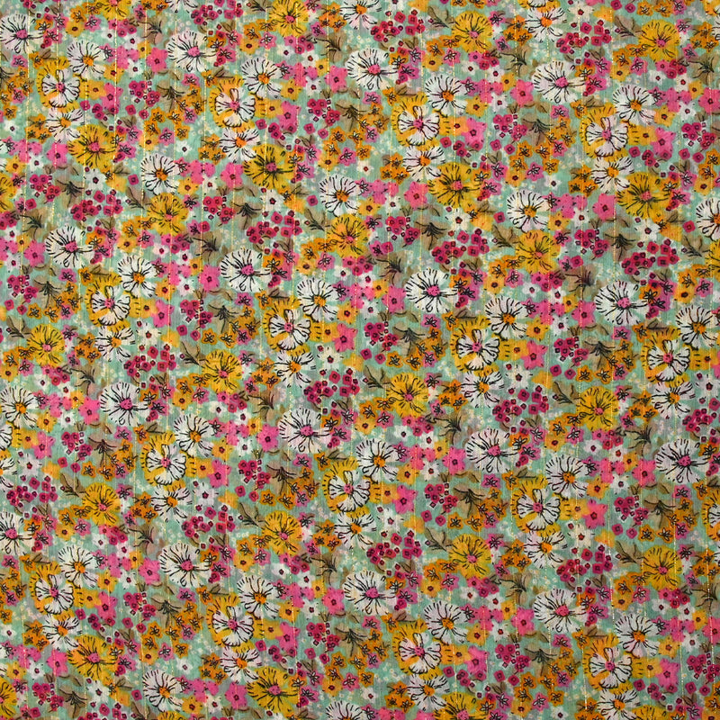 Mousseline crinkle imprimée lurex prairie fleurie rose fond vert d'eau