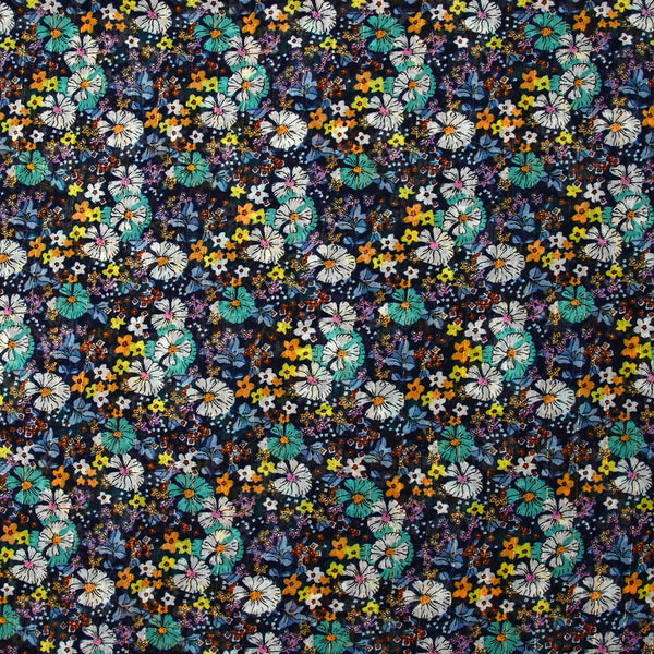 Mousseline crinkle imprimée lurex prairie fleurie turquoise fond marine