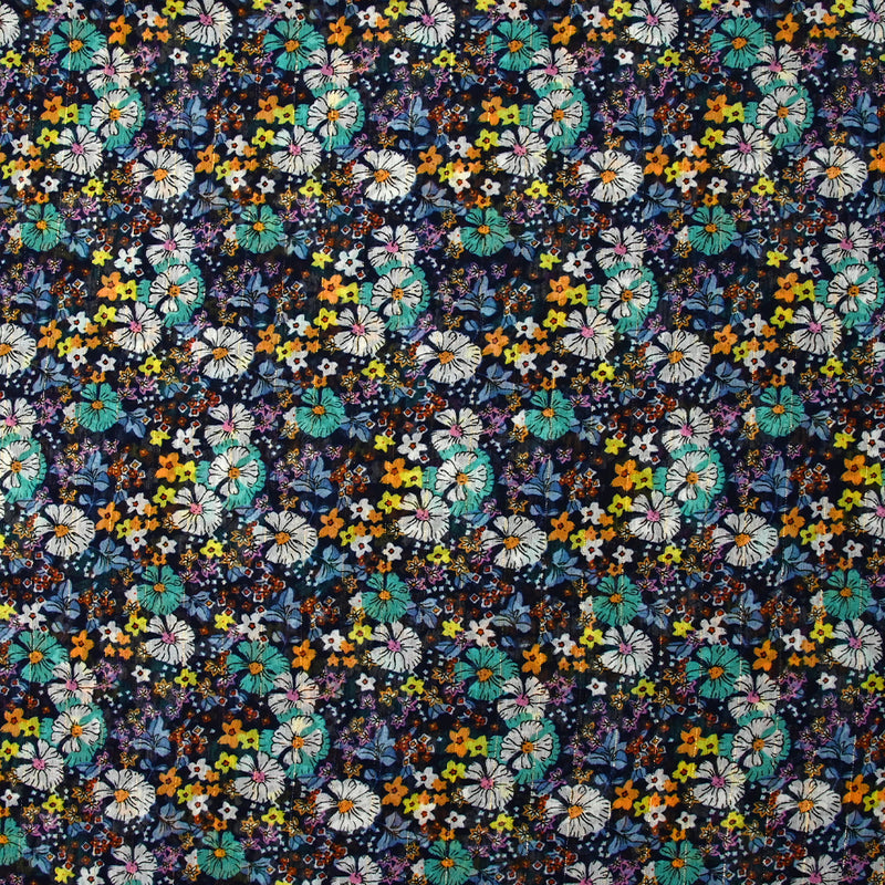 Mousseline crinkle imprimée lurex prairie fleurie turquoise fond marine