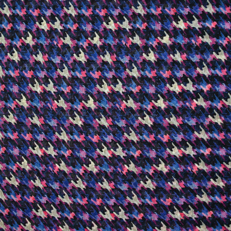 Mousseline crinkle imprimée pied-de-poule bleu et rose