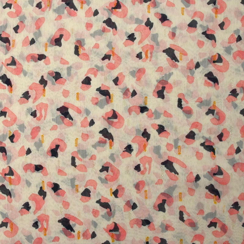 Mousseline crinkle imprimée plumetis léopard rose fond écru