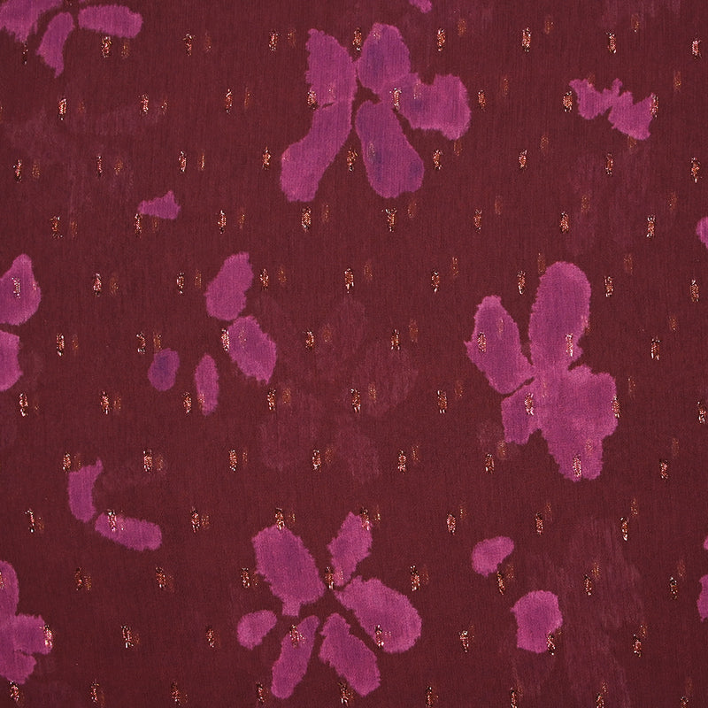 Mousseline crinkle imprimée plumetis lurex fleurs magenta fond prune