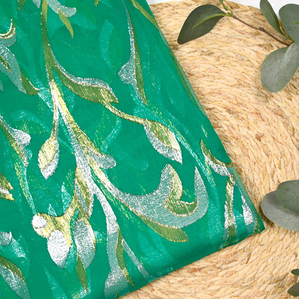 Mousseline de Soie dévorée Tlija or et argent fond vert menthe