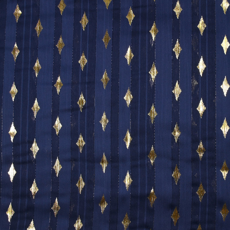 Mousseline imprimée bande satin losange doré fond bleu marine