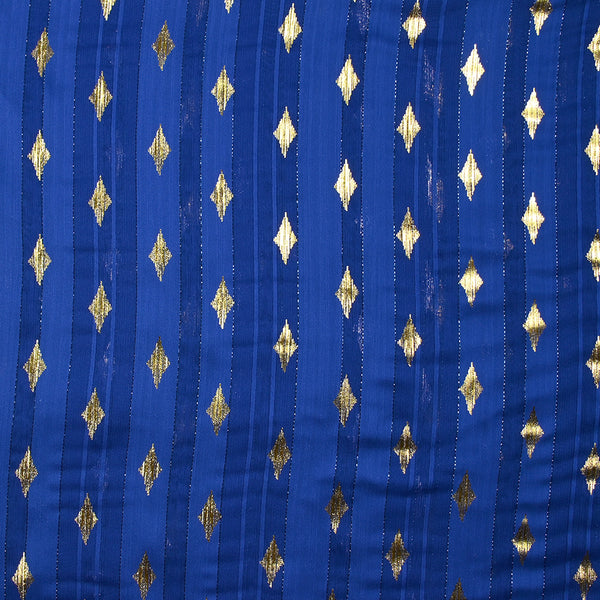 Mousseline imprimée bande satin losange doré fond bleu roi