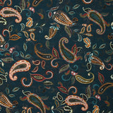Mousseline imprimée cachemire en feuille fond bleu foncé