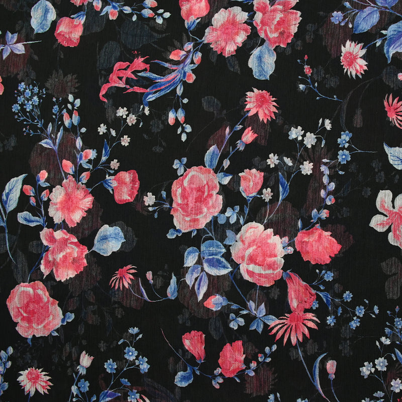 Mousseline imprimée crinkle le temps des roses fond noir