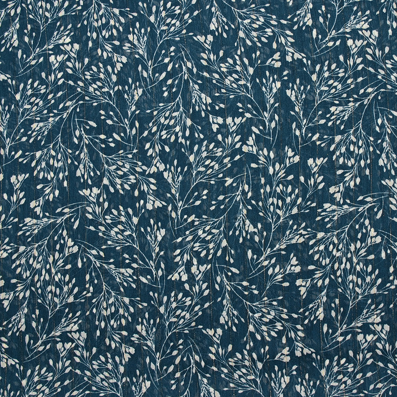 Mousseline imprimée crinkle lurex branche d'arbre fond bleu foncé