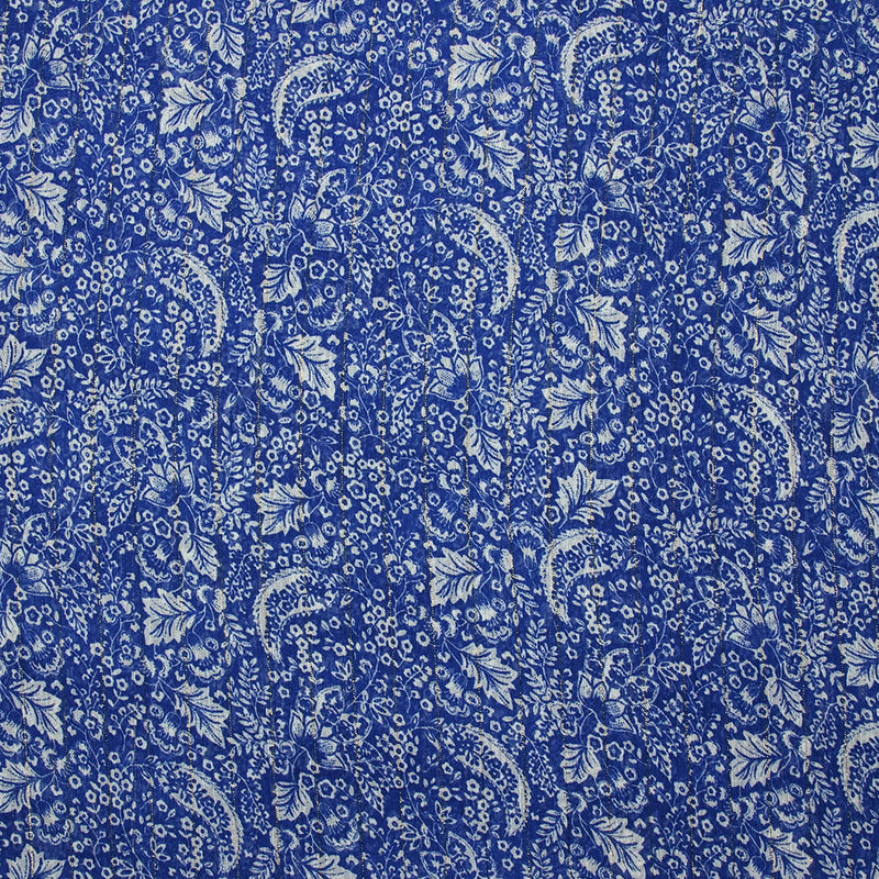 Mousseline imprimée crinkle lurex nature en fleurs fond bleu roi