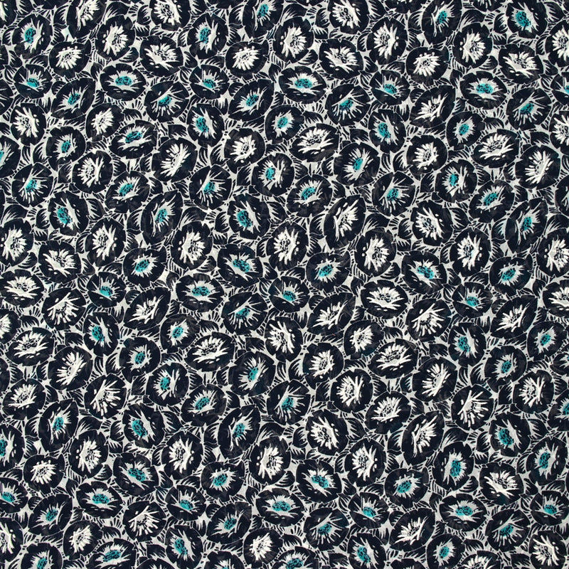Mousseline imprimée pivoine turquoise fond marine