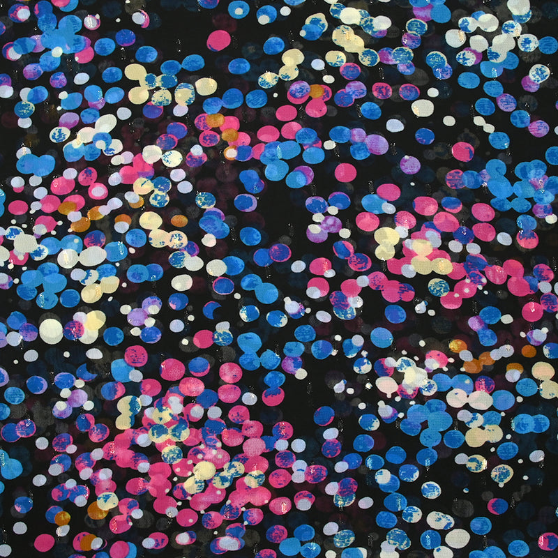 Mousseline imprimée plumetis lurex cellule bleu et rose fond noir