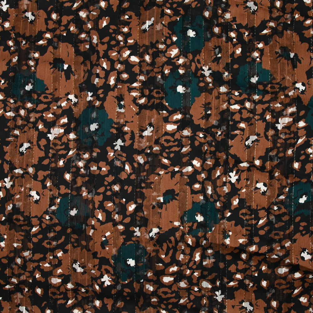 Mousseline imprimée rayée bande satin fleurs marron fond noir Les