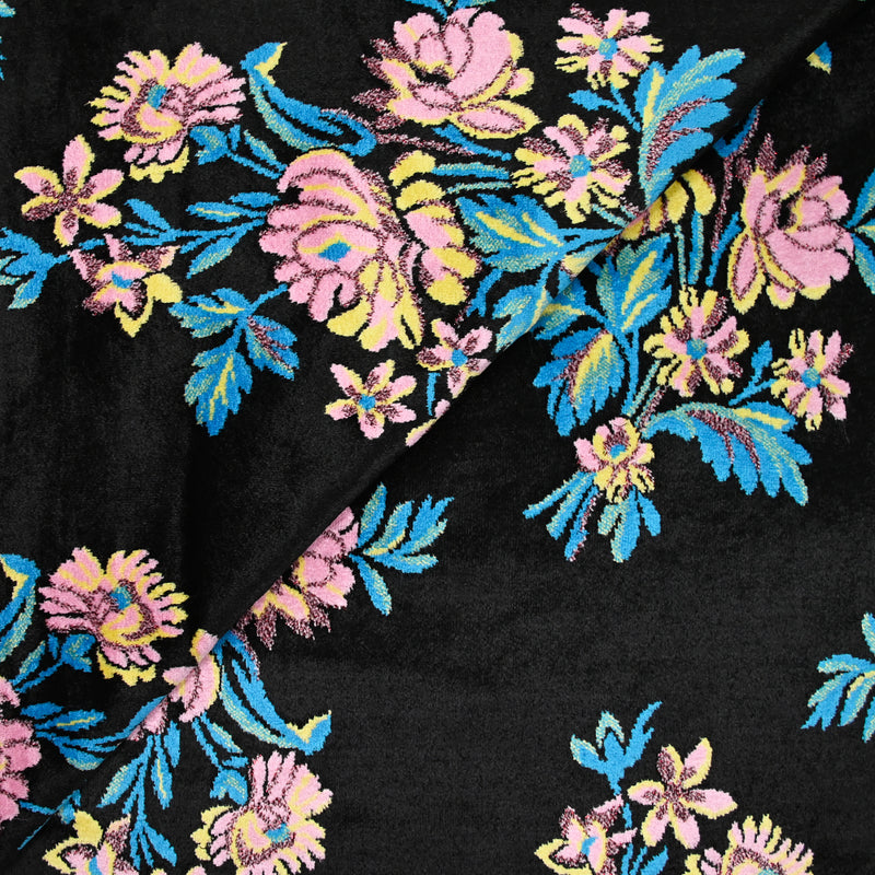 Panne de velours champêtre rose et bleu fond noir