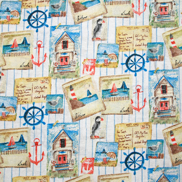 Polycoton imprimé bord de mer fond blanc