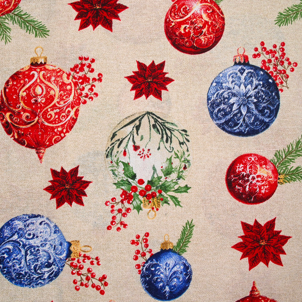 Polycoton imprimé boule de Noël fond ficelle