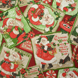 Polycoton imprimé cartes de vœux de Noël fond bordeaux