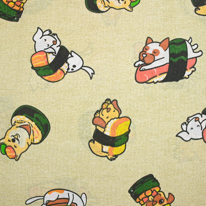 Polycoton imprimé chien sushi fond ficelle