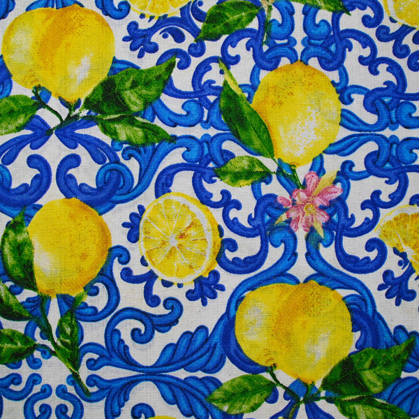Polycoton imprimé citron arabesque fond blanc