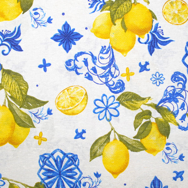 Polycoton imprimé citron azulejo fond blanc