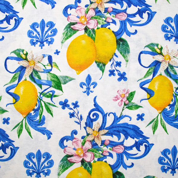 Polycoton imprimé citron et fleurs fond blanc