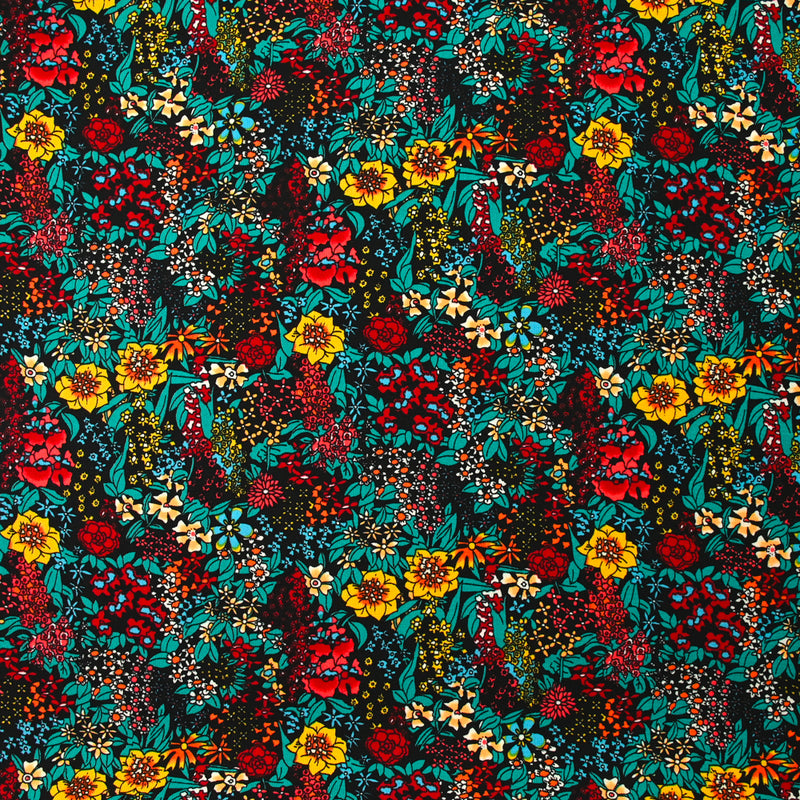 Polyester imprimé tempête de fleurs jaune fond noir