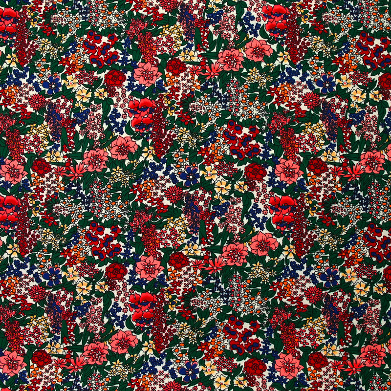Polyester imprimé tempête de fleurs rouge fond blanc