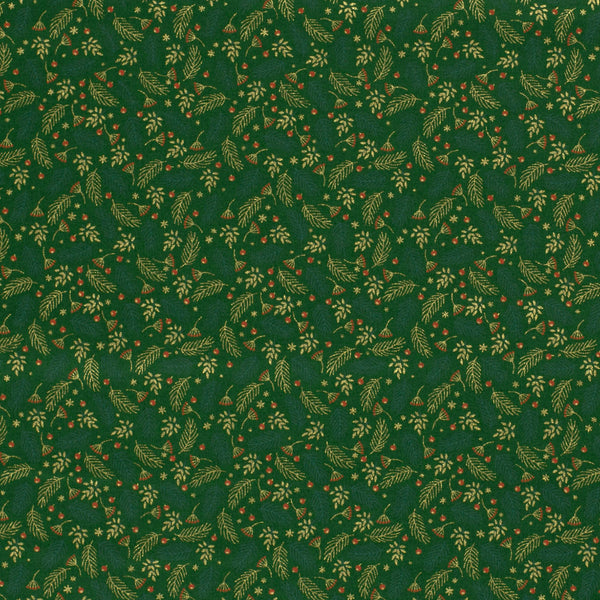 Popeline de coton imprimée feuille dorée fond vert