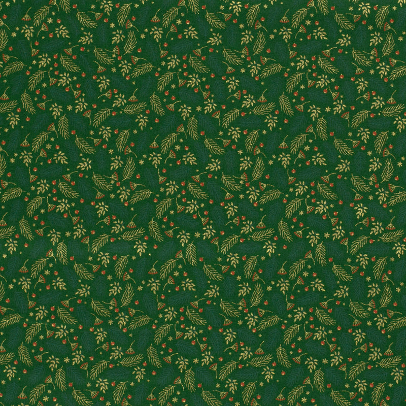 Popeline de coton imprimée feuille dorée fond vert