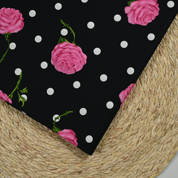 Popeline de coton imprimée roses et pois fond noir