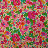 Popeline de coton imprimée valse florale fuchsia et vert fond ficelle