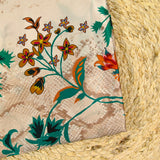 Satin de soie imprimé paon fond rose antique