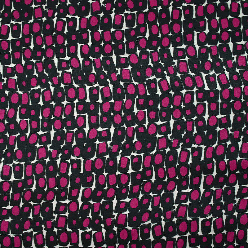 Satin de soie imprimé rétro pop magenta fond blanc