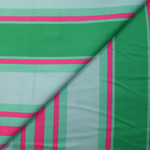 Satin de viscose imprimé rayé fuchsia, vert prairie et bleu ciel
