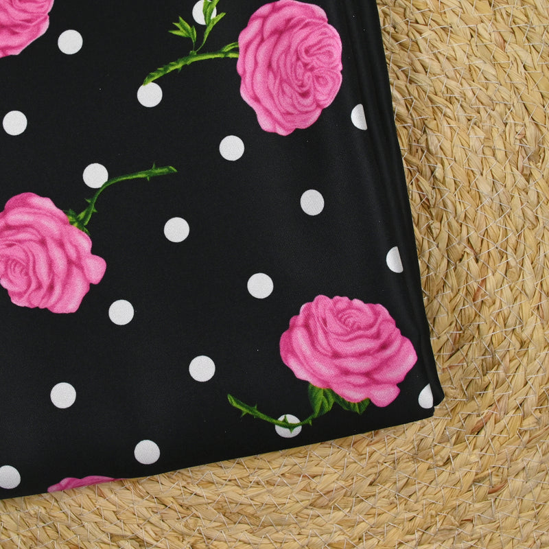 Satin duchesse imprimé roses et pois fond noir