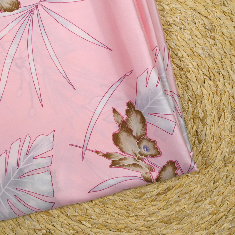 Satin polyester fin imprimé Hawaii fond rose