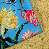 Satin polyester imprimé botanique fond turquoise
