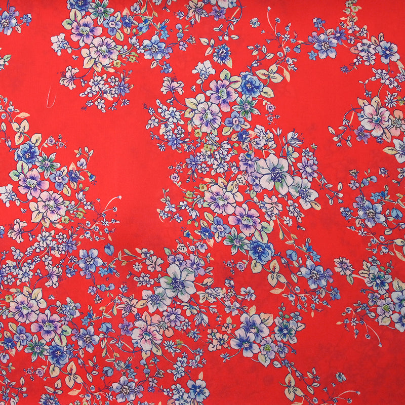 Satin polyester imprimé fleurs pastel fond rouge