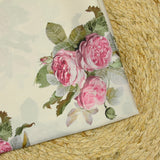 Satin polyester imprimé fleurs rosier fond ivoire