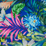 Satin polyester imprimé jardin botanique fond bleu roi