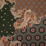 Satin polyester imprimé patchwork et cachemire marron fond kaki