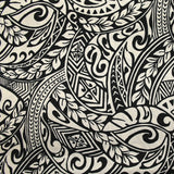 Satin polyester imprimé tribal hawaïen fond noir