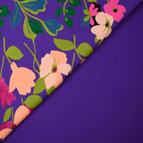 Satin polyester mat imprimé fleurs champêtre rose fond violet