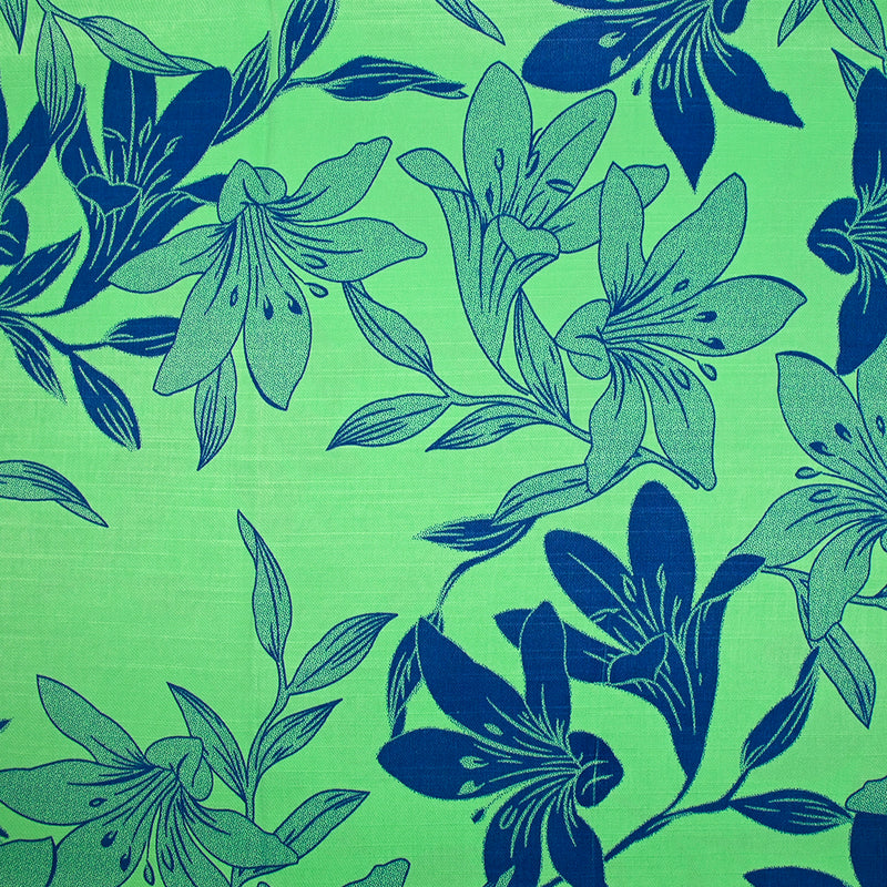 Satin polyviscose doupionné imprimé fleurs bicolore bleu fond vert