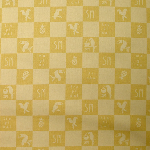 Sergé de coton imprimé damier tropical jaune pâle et moutarde